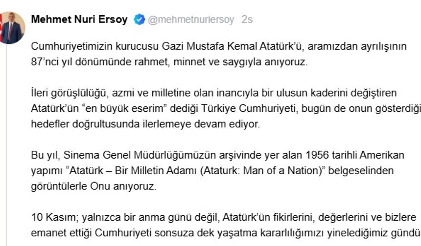 Bakan Ersoy’dan 10 Kasım’a özel Atatürk belgeseli paylaşımı